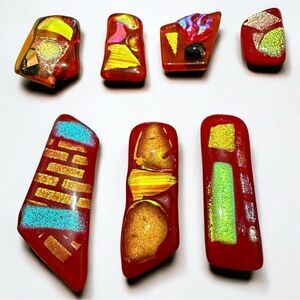 Set of 9 Red Fused Dichroic Glass Cabochons – Iridescent Art Pieces for Jewelry